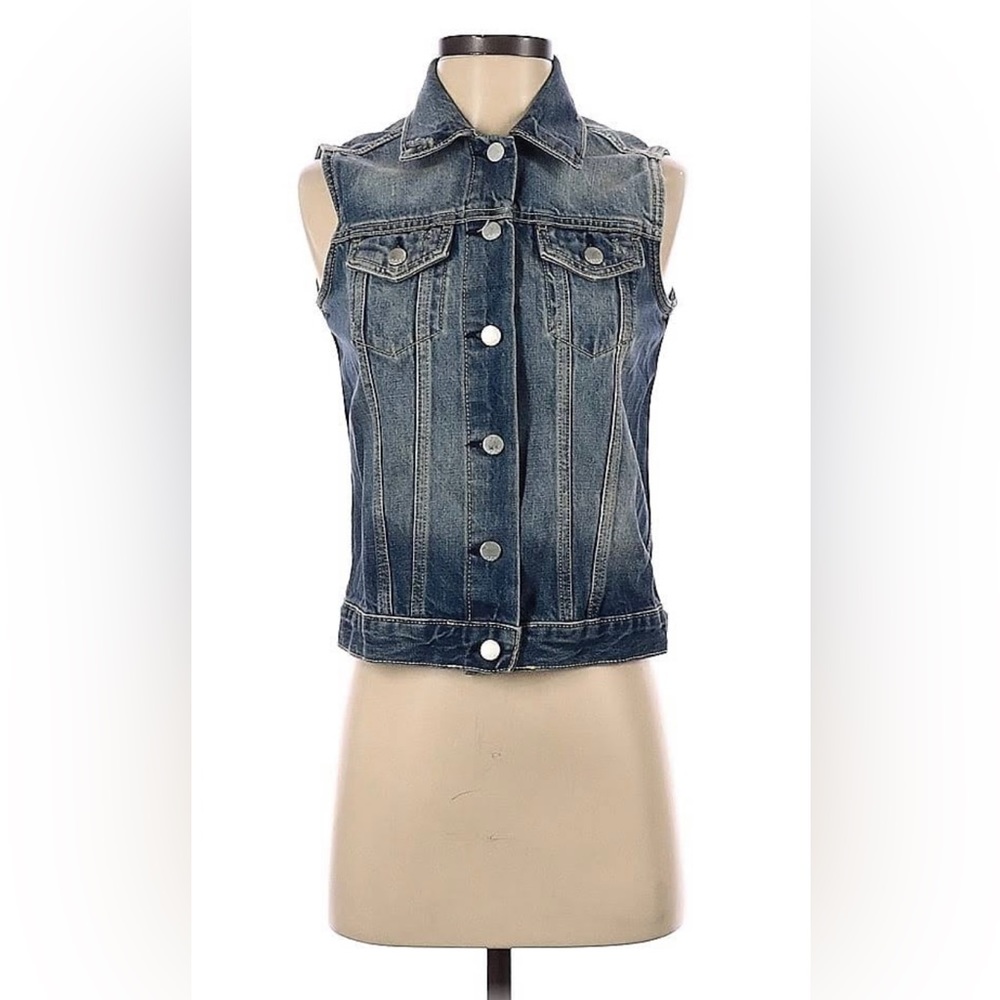 Gap Light Blue Distressed Denim Vest, Size Small Tall